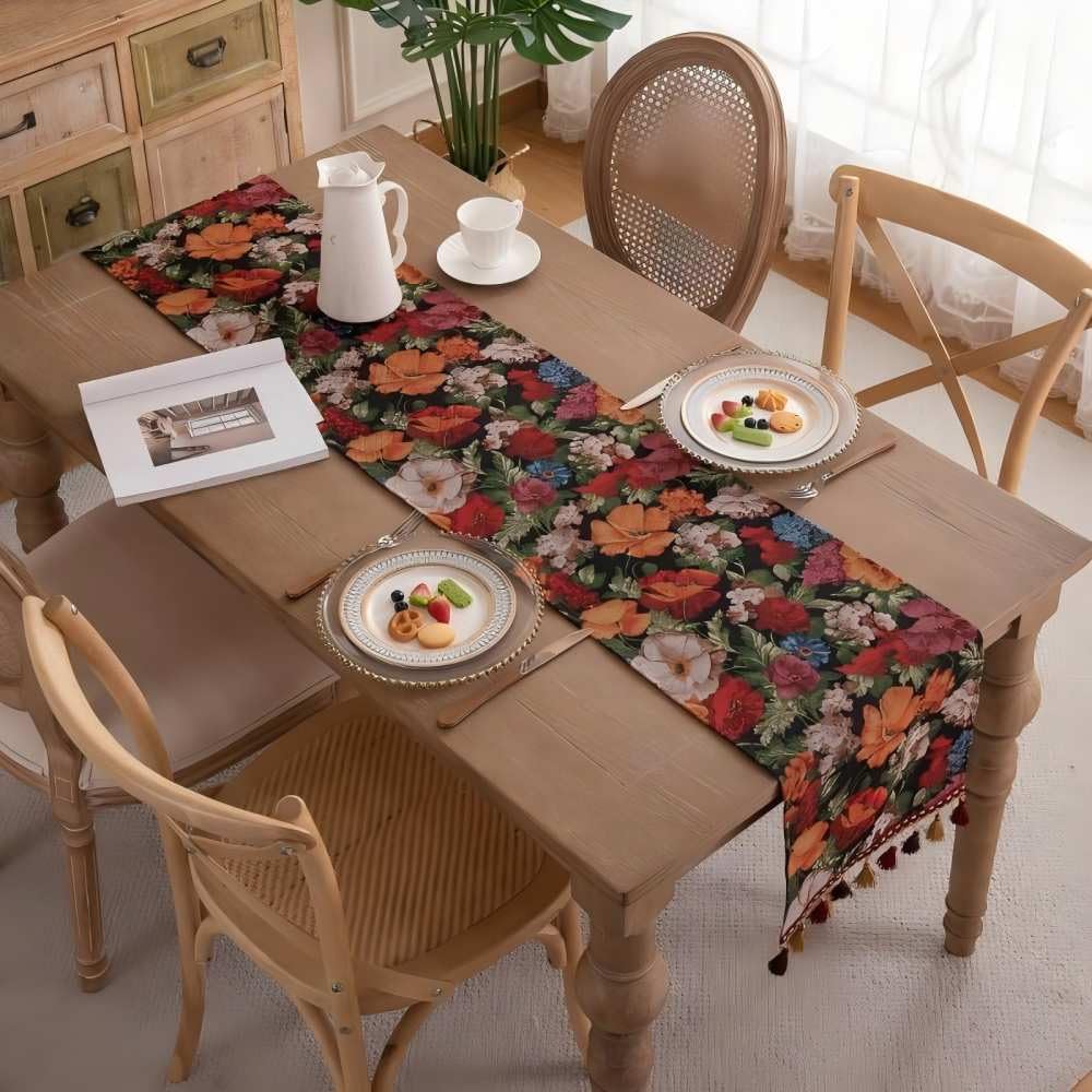 Clothfuna Bohemia Jacquard Table Runner, Vintage Boho Table Runner, Woven Cotton Blend with Tassels for Dining Table Party Holiday Outdoor (Vintage Flower1, 33x160 cm/ 13x63 inch)
