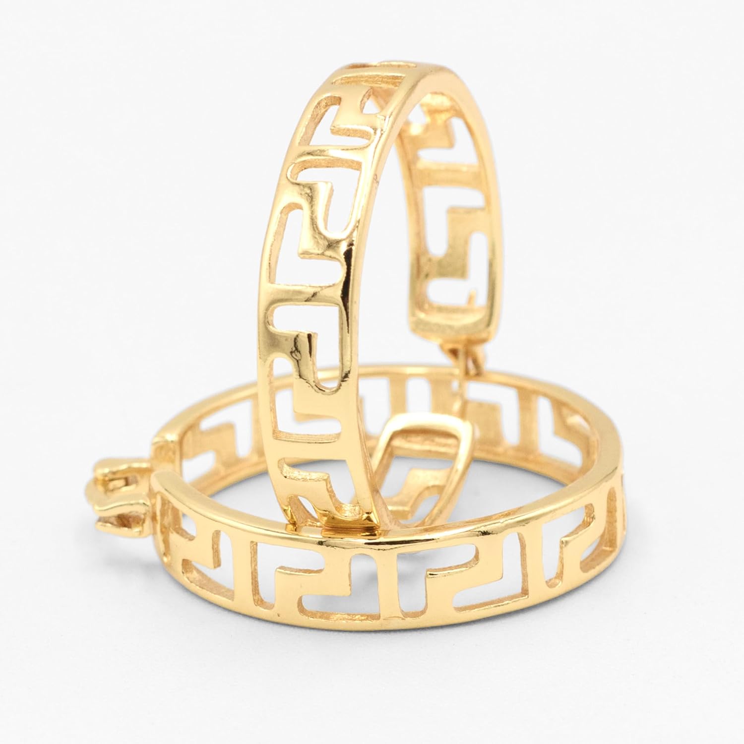 1.25 Inch Greek Key Hollow Cut Out Yellow Gold Plated Hoop Earrings - Image 3