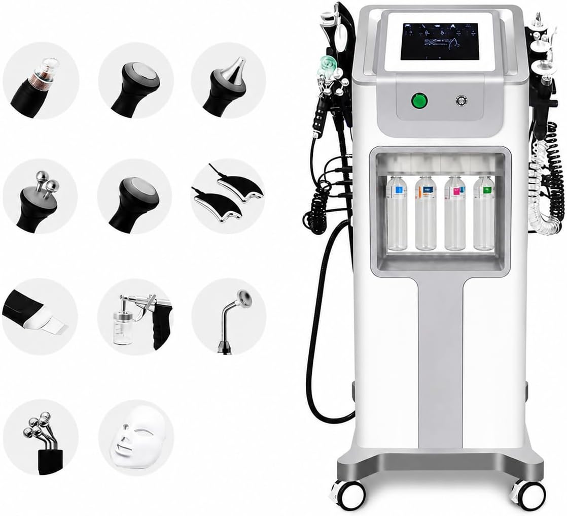 11-in-1 Facial Care System with Touch Screen, Full Metal Housing and Handles, Multi Attachment Desktop Unit with Dual Liquid Bottle Design (White)