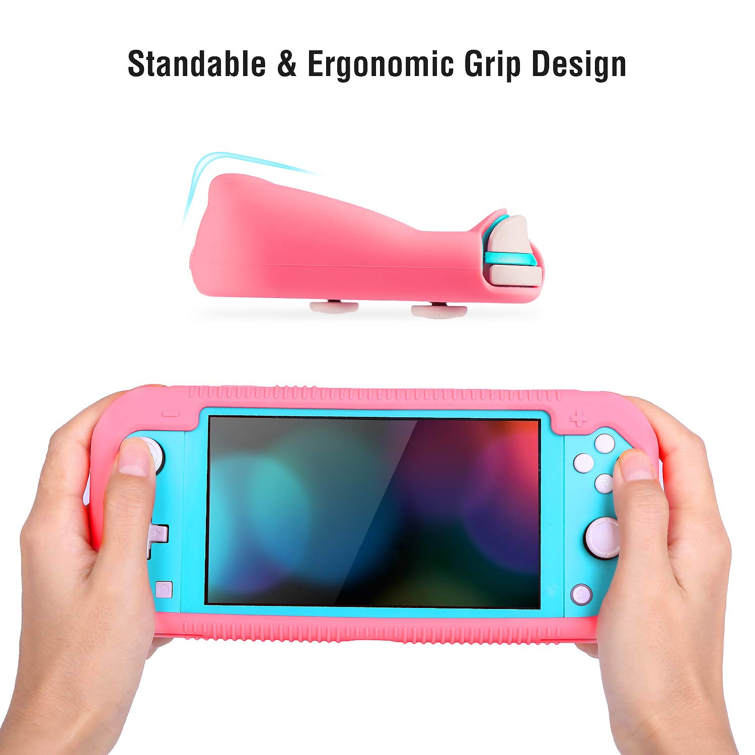 Teyomi Protective Case Compatible with Nintendo Switch Lite, Silicone Protective Cover for Nintendo Switch Lite with Tempered Glass Screen Protector, 4 Pcs Thumb Grips & 2 Game Cartridges(Pink)