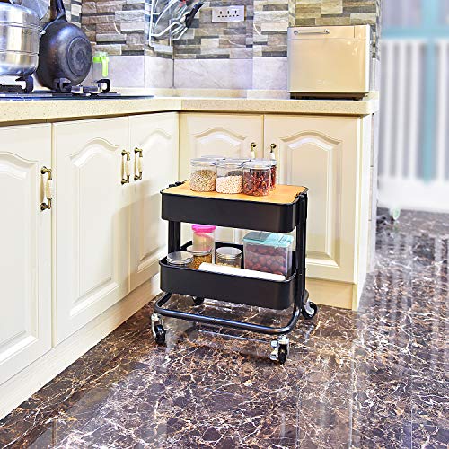 2-Tier Metal Utility Rolling Cart Storage Side End Table with Cover Board for Office Home Kitchen Organization, Black - Thumbnail 4