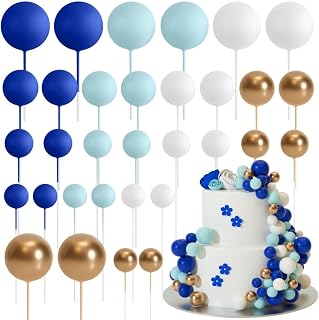 32PCS Balls Cake Topper Picks Balloons Cupcake Topper DIY Cake Decor Foam Balls Baking Decoration for Wedding Anniversary Birthday Supplies (Blue, White, Gold)