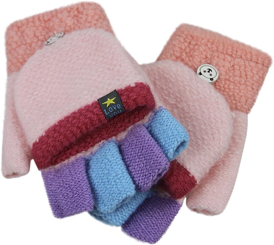 Cartoon Convertible Flip Top Gloves Toddler Kids Winter Wool Knit Fingerless Gloves with Mitten Cover for Girls Boys 2-15 Yrs