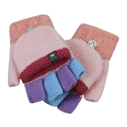 Cartoon Convertible Flip Top Gloves Toddler Kids Winter Wool Knit Fingerless Gloves with Mitten Cover for Girls Boys 2-15 Yrs