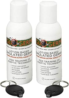 GLO GERM Mini Gel Kit 2 Pack (Two 2 oz Bottles, Two UV Light Keychains) - Gel Lotion Based Simulated Germs - Helps Promote Better Hand Washing Habits - Training for Aseptic Techniques - Double Pack