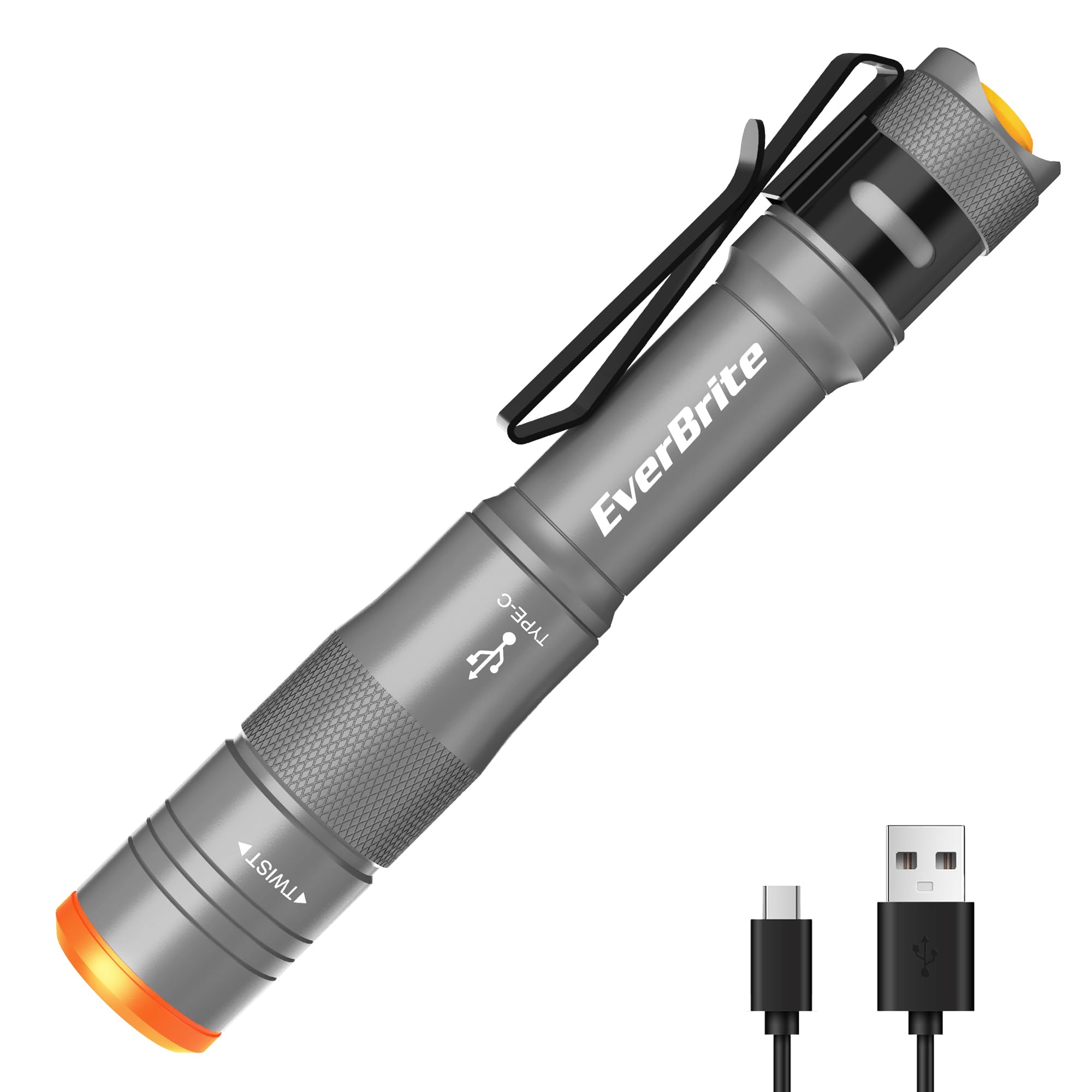 EverBrite Mini Pen Light, Rechargeable Pocket Pen Flashlight with USB C Cable, 4 Light Modes, 300 Lumens Small Flashlight with Clip for Inspection, Repair, Outdoors, Emergency, Gunmetal Grey