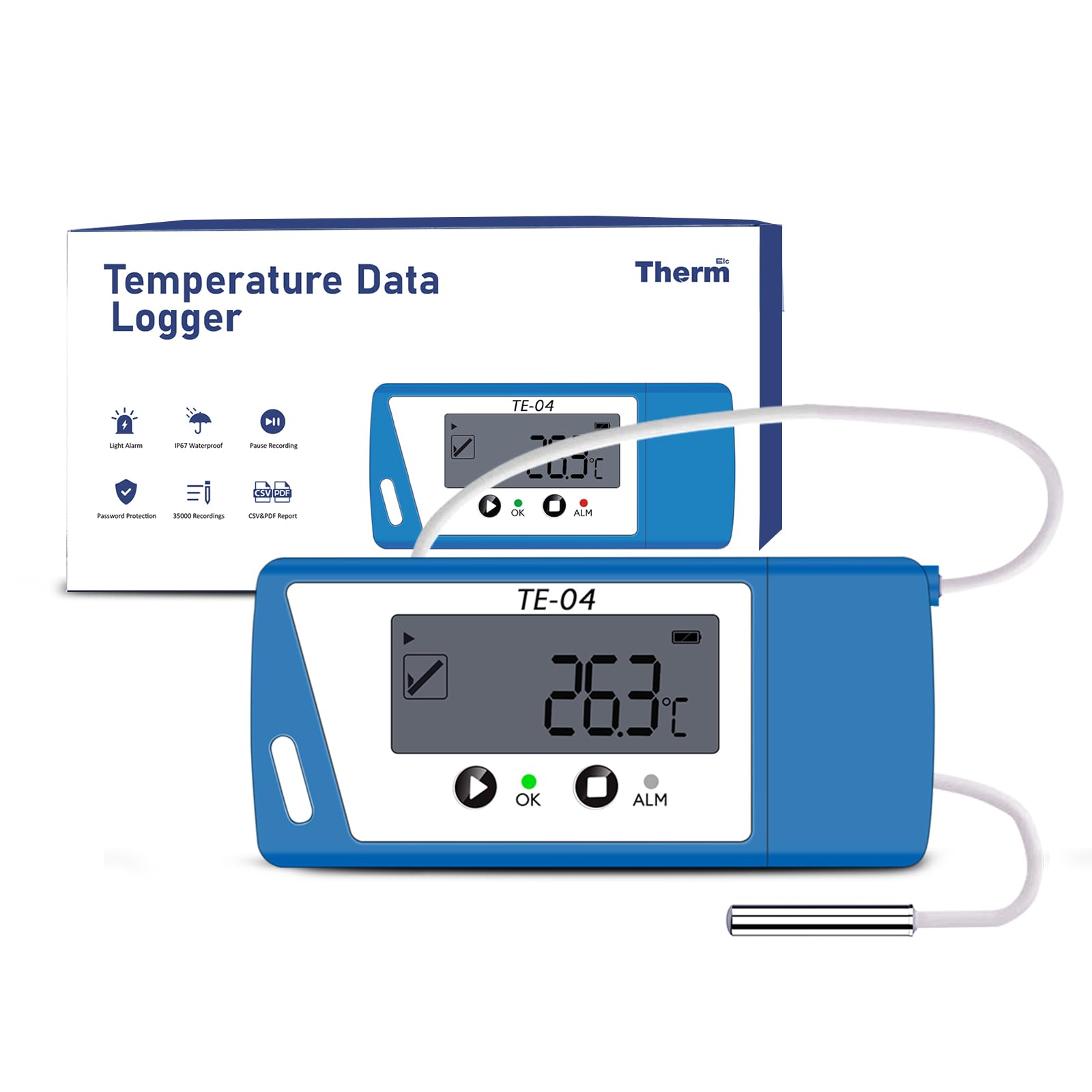ThermElc temperatura logger con sensore esterno, rapporto PDF & EXCEL, USB data logger Big Screen, allarme LED, 35000 misurazioni, impermeabile, calibrato per laboratorio/clinica/frigorifero