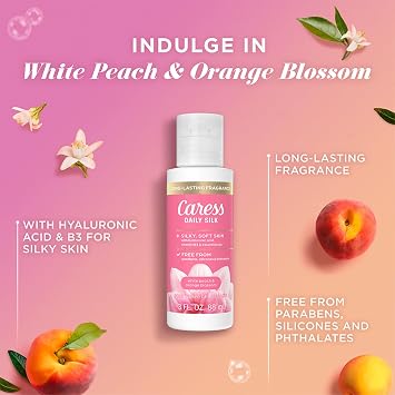 Caress Travel Body Wash, Daily Silk 3-Pack Infused with Hyaluronic Acid & Vitamin B12 for Silky, Soft Skin, White Peach & Orange Blossom, 3 Oz Ea