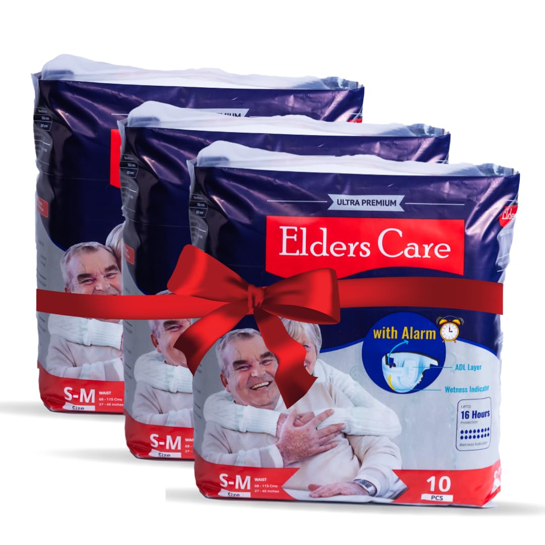 EldersCare by Lilliputs Adult Diapers with Built-in Alarm Sensor – World’s First Smart Diapers for Seniors with Wetness & Soiling Alerts, 16-Hour Absorption, Bed Sore Prevention and Cost-Effective Design( Tape Style - Pack of 3) (30 Diapers) (M) ( 27 to 45 Inches)