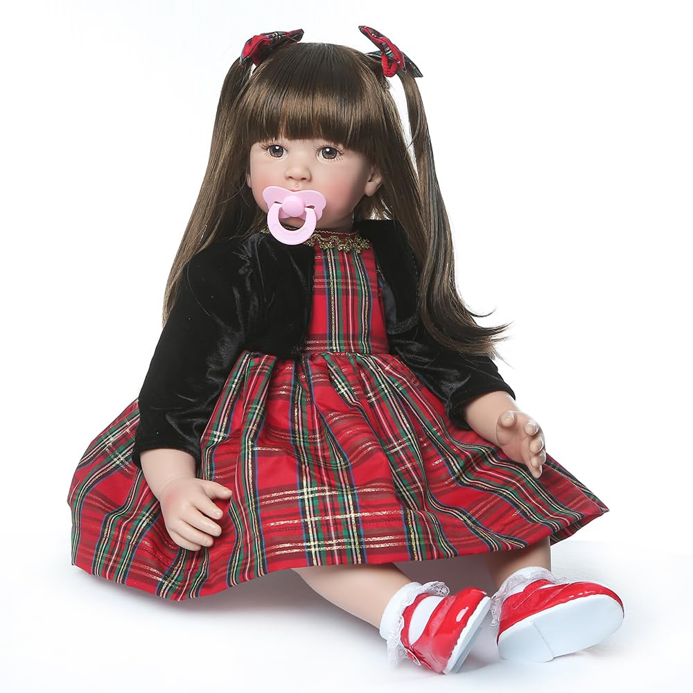 Bambola Realistica - 60cm Bambole Neonato Realborn Che Sembrano Vere Prematura Bambolotto Reborn con Vestito Scozzese Rosso e Giacca Nera, Accessori Inclusi 24pollice Realistico Baby Doll