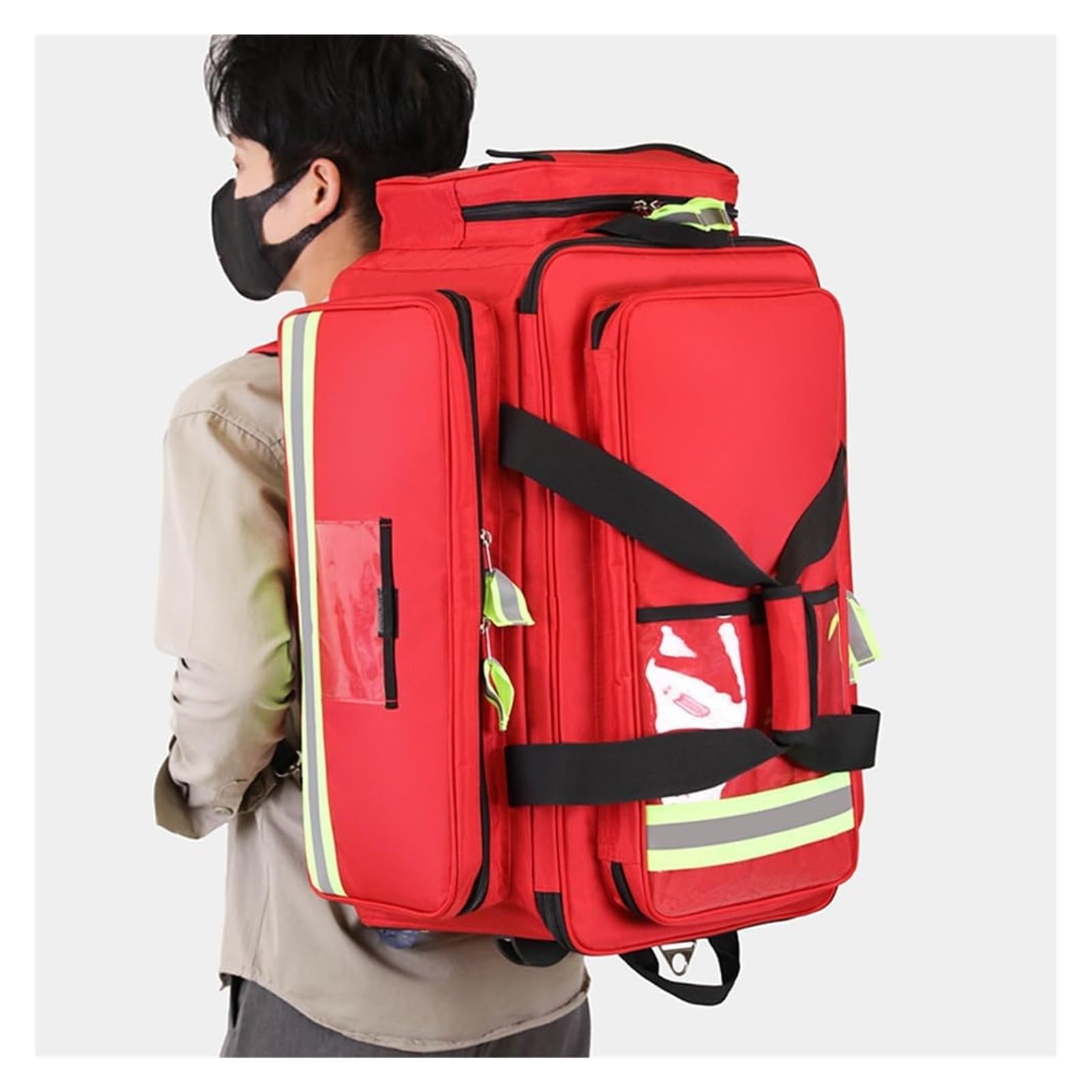 Maletín médico con ruedas y carrito desmontable, gran capacidad, interior multibolsillos, patas antideslizantes, bandas reflectantes, color rojo, botiquín de primeros auxilios portátil.