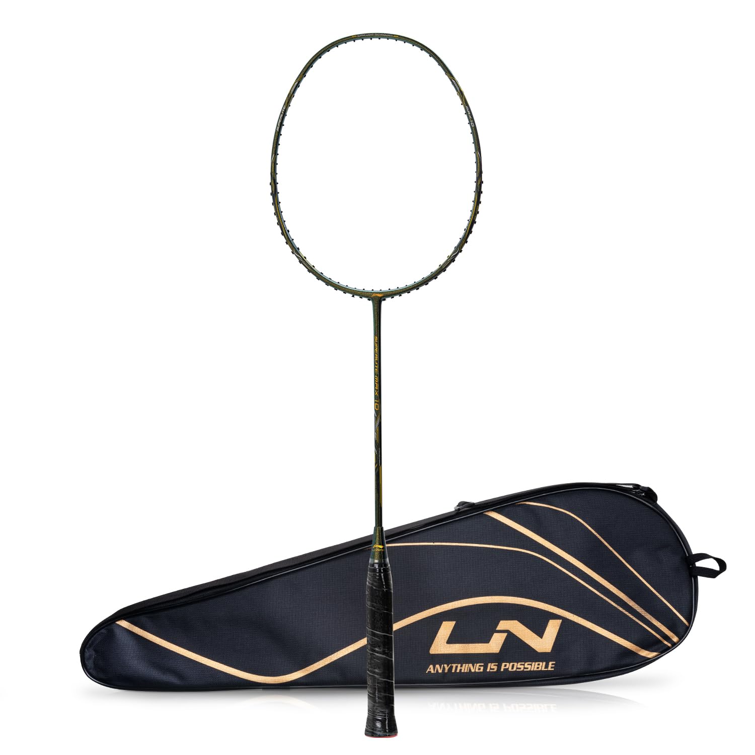 LI-NINGG-Force Superlite Max 10 Carbon Fibre Badminton Racket with Free Full Cover(80 Grams, 28 Lbs) (Emerald/Gold/Silver)