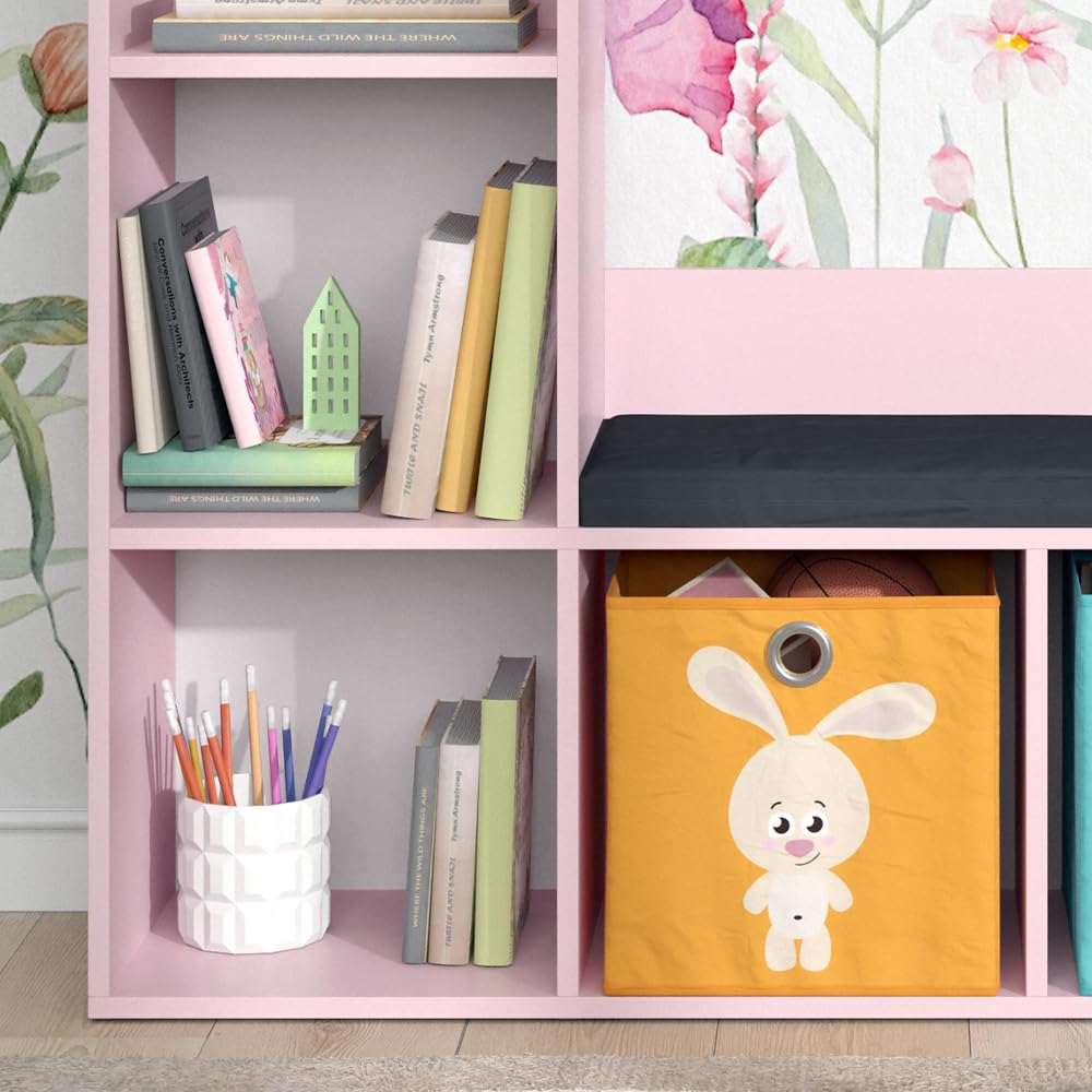 Vicco Libreria bambini Luigi, rosa, 107.2 x 88.6 cm con 2 scatole pieghevoli (colorate), con seduta imbottita e quattro ripiani aperti