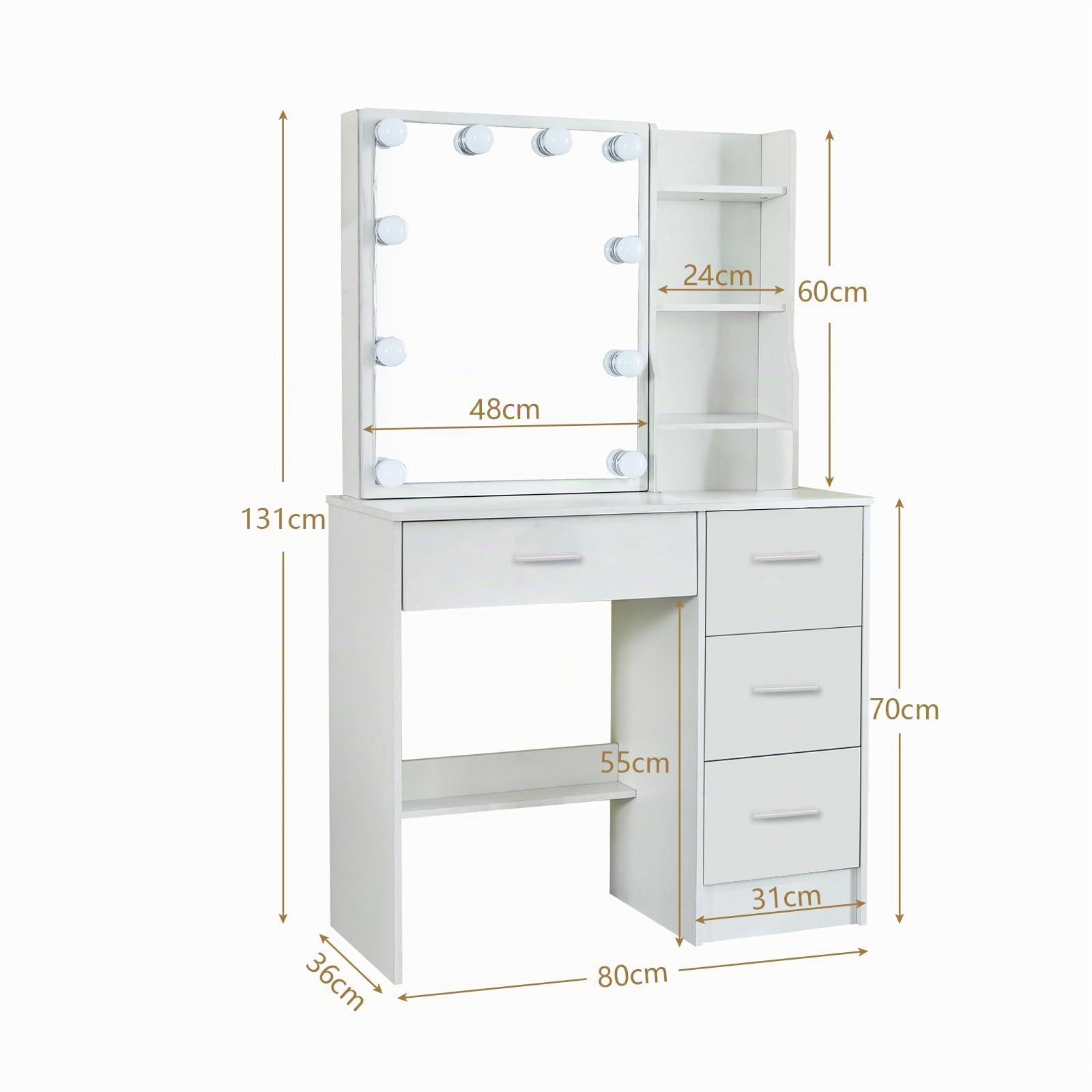 Toeletta Trucco con Luci, Toeletta Trucco con Sgabello, 3 Temperature di Colore e Luminosità Regolabile, Bianco, 36x80x131cm