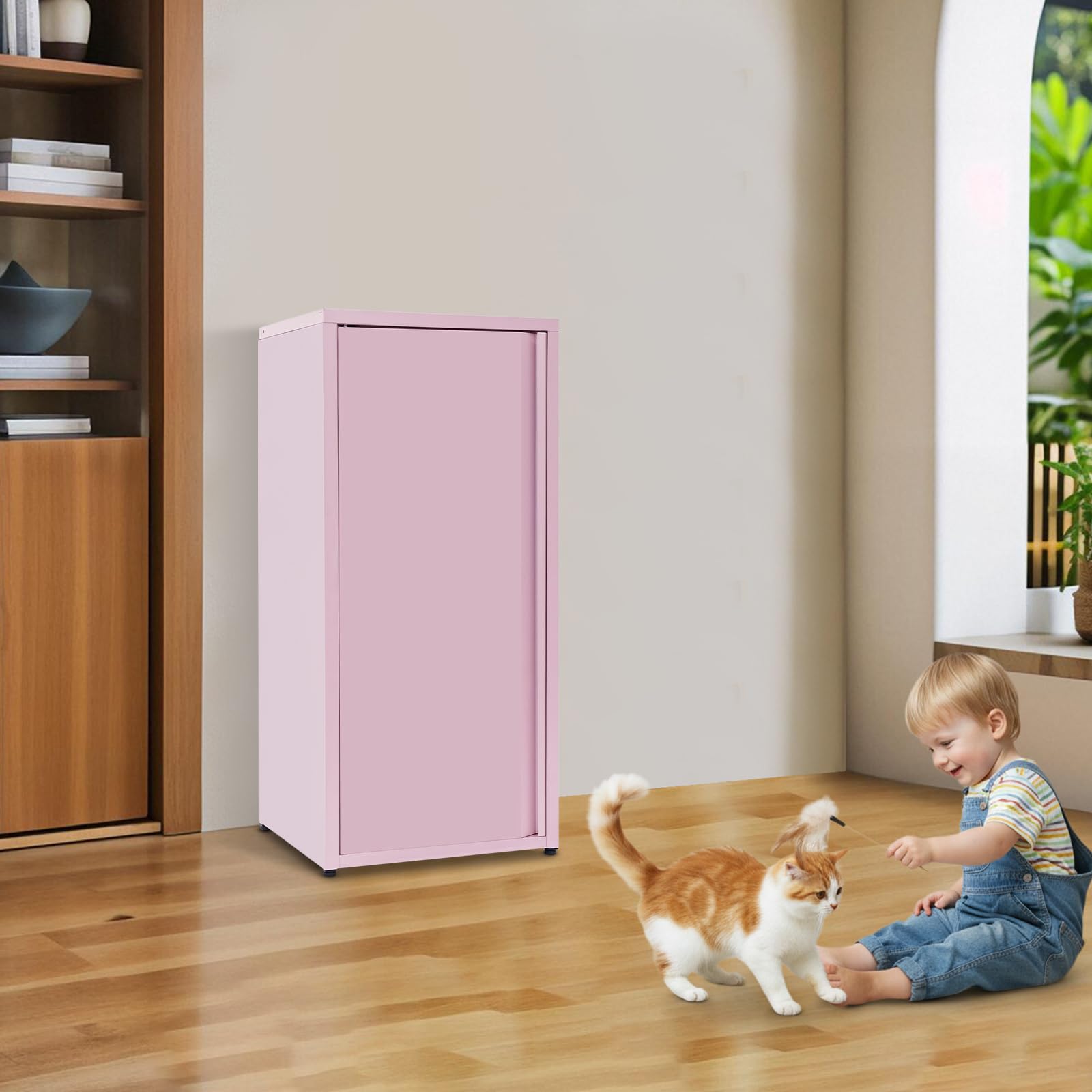 Archivador de metal con puerta individual, armario de almacenamiento con 2 estantes ajustables en altura, taquilla de metal resistente para oficina, escuela, salón, 40 x 35 x 88 cm (rosa)