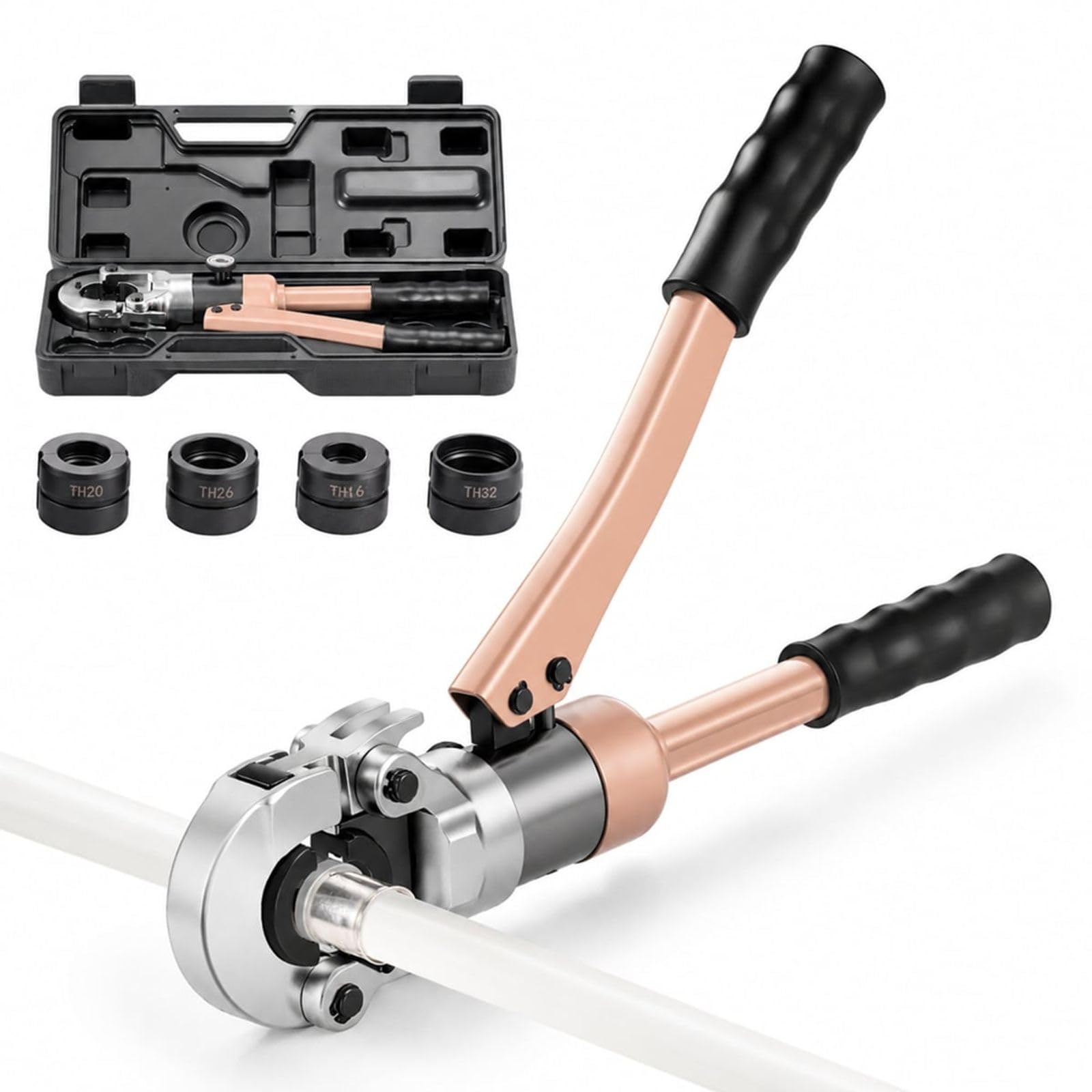 Hydraulische Presszange für PEX Aluminium Kunststoffrohre mit wechselbaren Backen und Tragekoffer für Sanitärinstallation