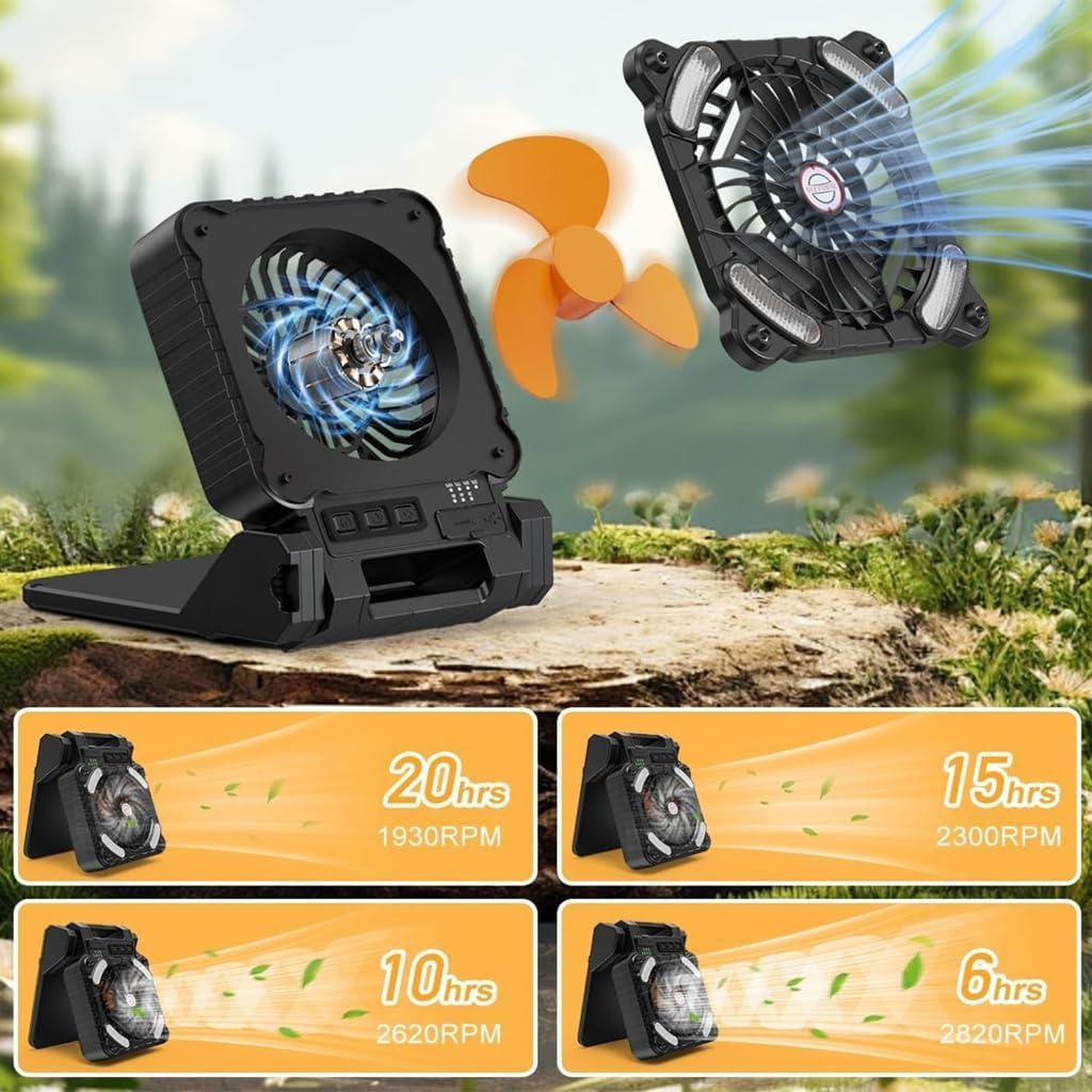 Outdoor Camping Fan Battery Operated 5200mAh Capacity Fishing Fan with LED Light