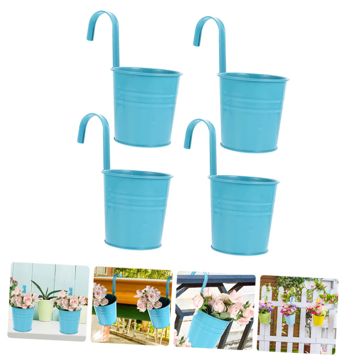 Jardinière Amovible Fleurs en Balcon Jardin Bleu, Pot Suspendue de Fer Crochet et Trou de Drainage, Lot de 4 pour Intérieur