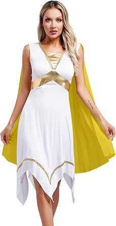 Linjinx Womens Ancient Greek Roman Toga Costume Metallic Chiffon Long Cape Sleeve Tunic Dress