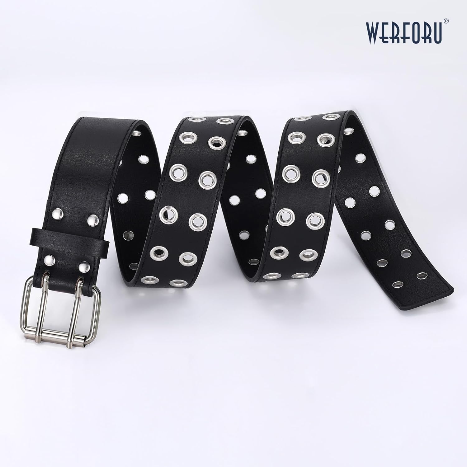 WERFORU Double Grommet Belt PU Leather Punk Belt for Women Men Jeans 2 Hole Belts 1.5 Wide - Image 5