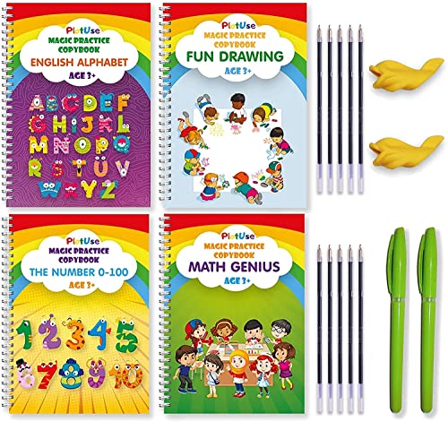 4 Pc Magic Practice Copybook For Kids Age 3-8 - Reusable Handwriting Workbooks For Preschool Early Education - Grooved Template Design - Children's Calligraphy Tracing - Ink Pens(Medium) #TOP7