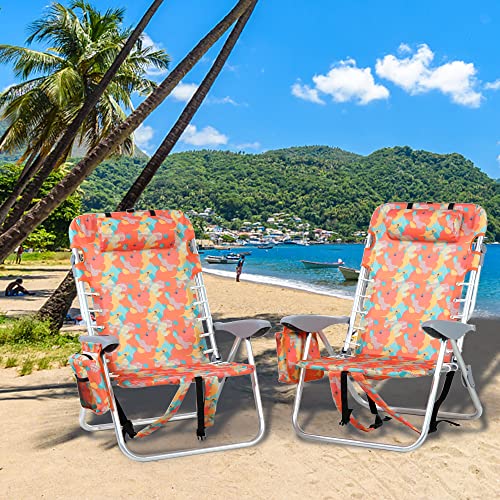Green Party Backpack Beach Chair 2 Pack Aluminum Lightweight Folding Reclining Beach Chair With 4 Positions, Cooler Bag, Tower Bar And Armrest For Outdoor Camping Lawn, Support 250Lbs, Camo #TOP1