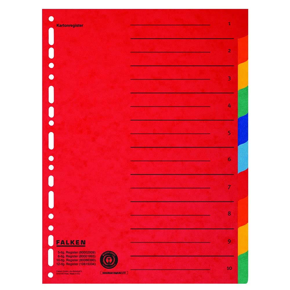 FALKEN 20x Karton-Register überbreit DIN A4+ 245 x 30 cm 10-teilig | volle Höhe mit Organisationsdruck vollfarbig 2 x 5 Farben zur Ablage von Prospekthüllen