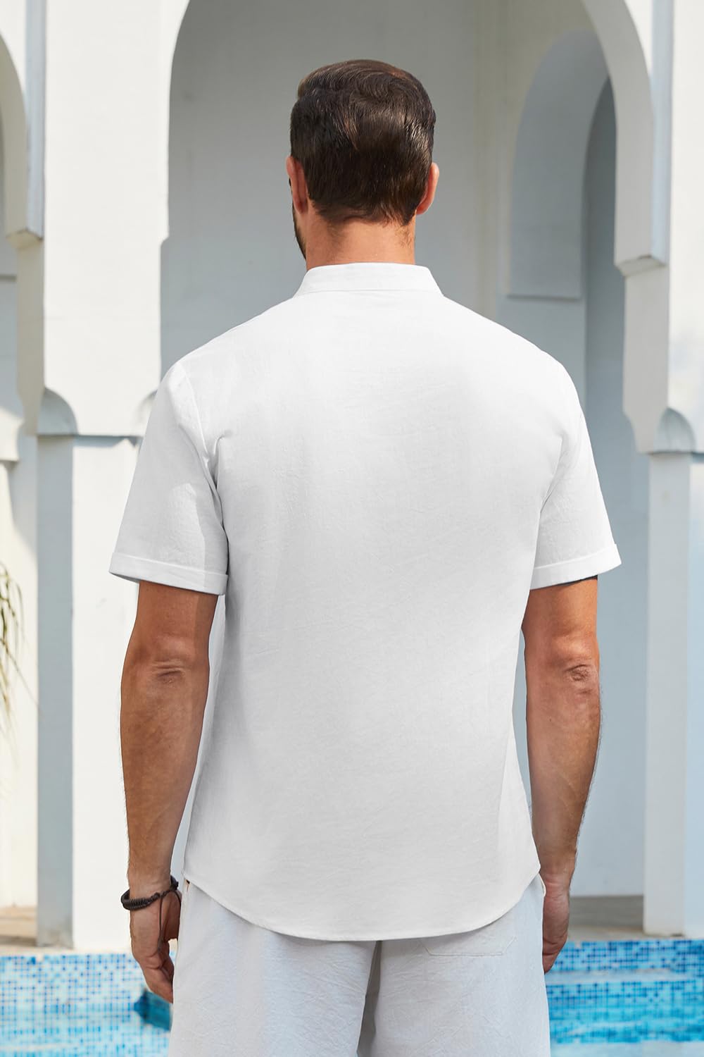 Enlision Camisa Lino Hombre Verano Manga Corta Cuello Mao Elegante