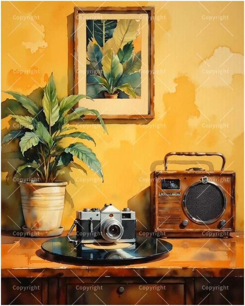 Vintage Vibes Paint by Numbers Kit for Adults - DIY Retro Vinyl Records and Red Tulips Painting on Canvas 8x12In, Framed Acrylic Paint Set, Suitable for Beginners, Classic Art for Decoration/Gifts