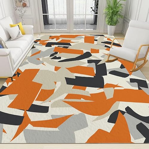 Miniatura 3 de Orange Gray Beige Rugs for Bedroom,70S Retro Geometric Non-Slip Stain Resistant Bordered Rug, Carpet for Living Room, Front Porch, Kitchen,
