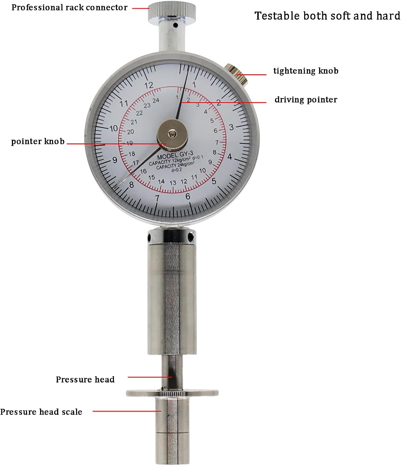 Fruit Hardness Tester, Fruit Ripeness Analyzer, Accuracy: ±0.1/Scale Value: 11mm: 0.5~12kg/cm2, 28mm: 1~24kg/cm2/probe Diameters: 11mm/8mm, Used for Strawberries
