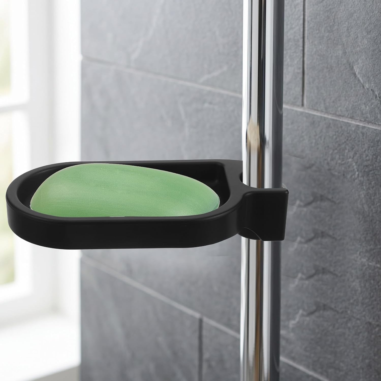 ibasenice Shower Rod Soap Dish, Clip-On Draining Soap Holder | 0.94 in/24 mm No-Drill Black Soap Tray with Drainage Slots for Bathroom Shower Bar and Sink Storage
