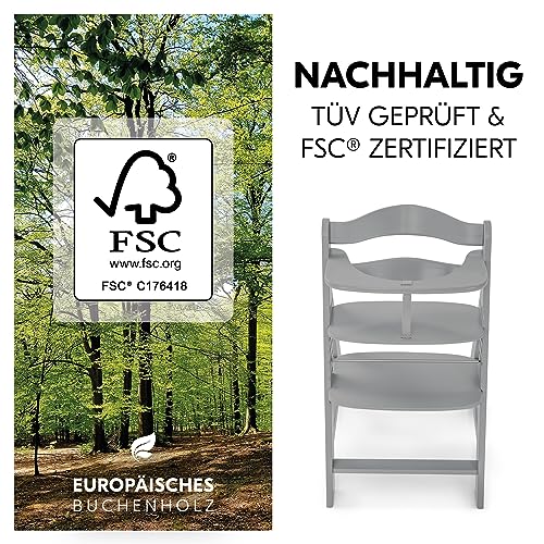 hauck Alpha+, Grey - Mitwachsender Holzhochstuhl aus Buche für Kinder ab 6 Monaten bis 90 kg - Inklusive 5 Punkt Gurt, Schrittgurt, Schutzbügel - Kompatibel mit viel Zubehör