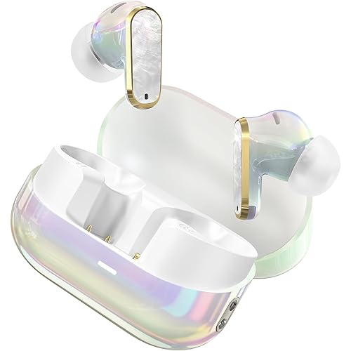 Wireless Headphones, Jewelry Wireless Bluetooth Earbuds with Active Noise Cancellation, Bluetooth 5.4 in-Ear Earring Headphones, Gift Box for Girls Women Water & Dust Resistant,White Shell