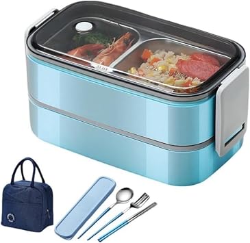 Double Layer Lunch Box, Cold Retention, Stainless Steel Seal, Easy to Carry, Stylish, Sealed, Leak Proof, 2-Tier, Large Capacity, Heat Retention, Cold Retention, Microwave Heating, Bento Box Blue
