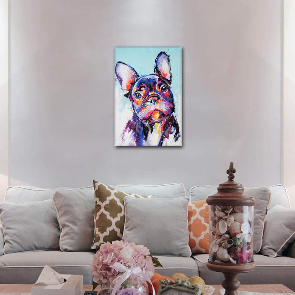 TISHIRON Stampa Su Tela Bulldog Francese | Quadro Astratto Animale 40x60 Cm | Decorazione Parete Pronta Da Appendere