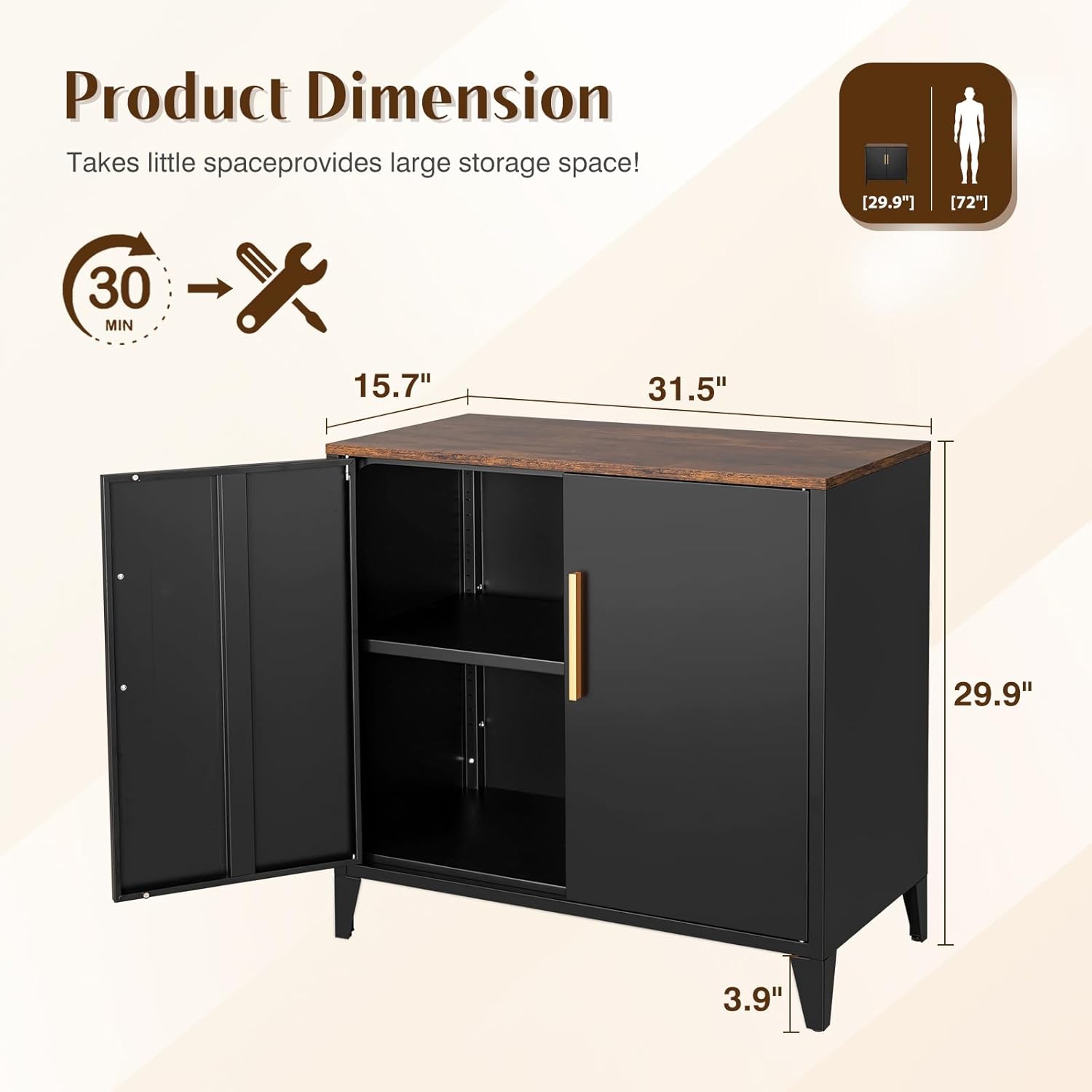 Letaya Metal Storage Cabinet with 2 Doors and Shelves 16" Dx 32" Wx30 H,Small Buffet Sideboard Short Cabinet for Kitchen Dining,Office Credenza Locker Modern Coffee Bar,Entryway Bathroom(Black)