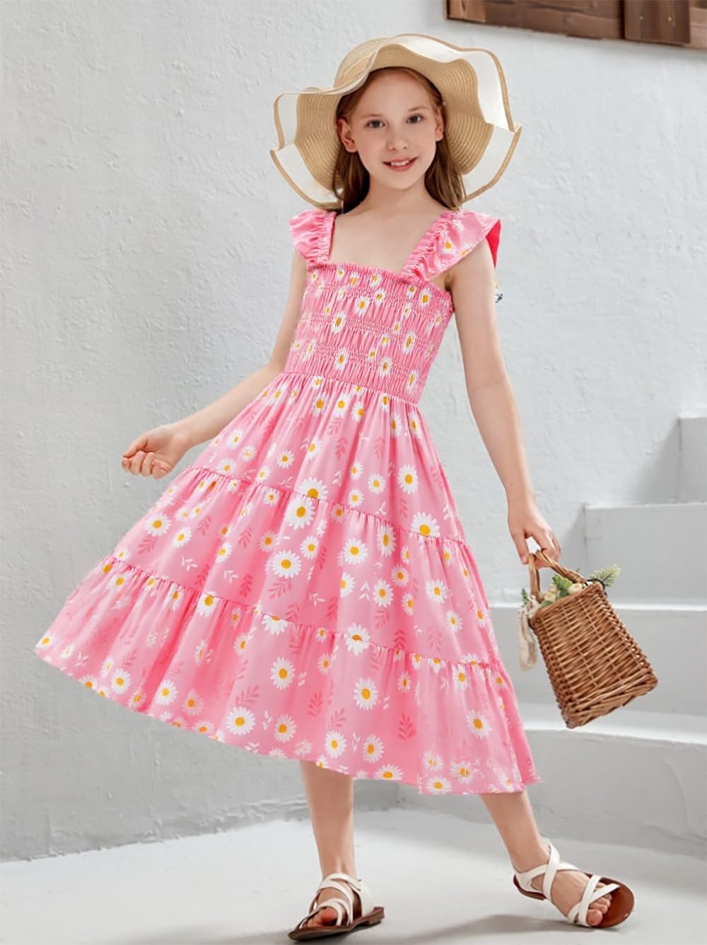 Little Girls Dresses Casual Summer Dress Ruffle Sleeve Floral Tiered Sundress Smocked Shirred Party Dress 3-10 Years - Image 4