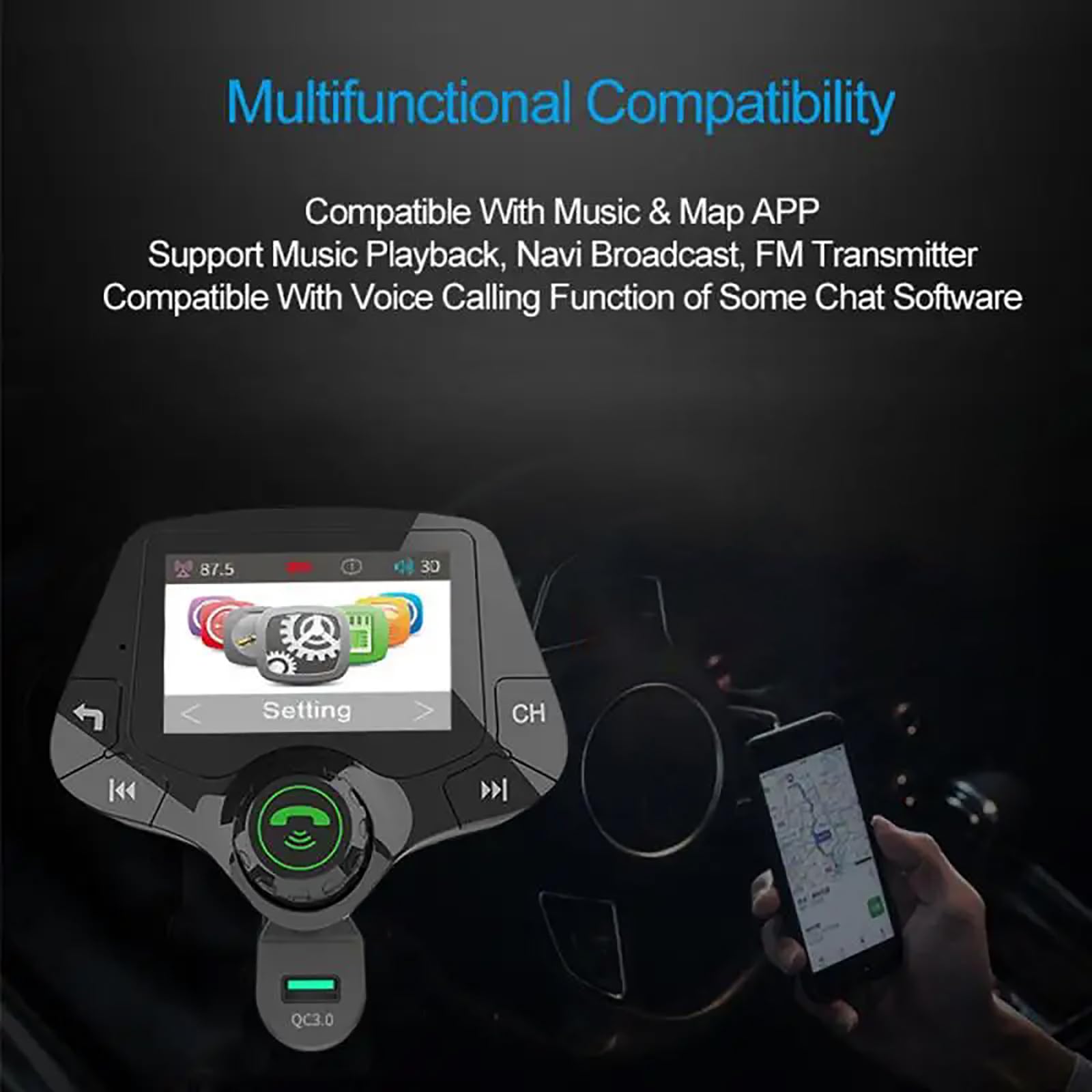 WYYHAA Wireless in-Car Bluetooth FM Transmitter Radio Adapter Car Kit, BT 5.0 & QC3.0 FM Transmitter for Car with 2 Inch Full Color Screen Display, 2 USB Ports, Hi-Fi Music