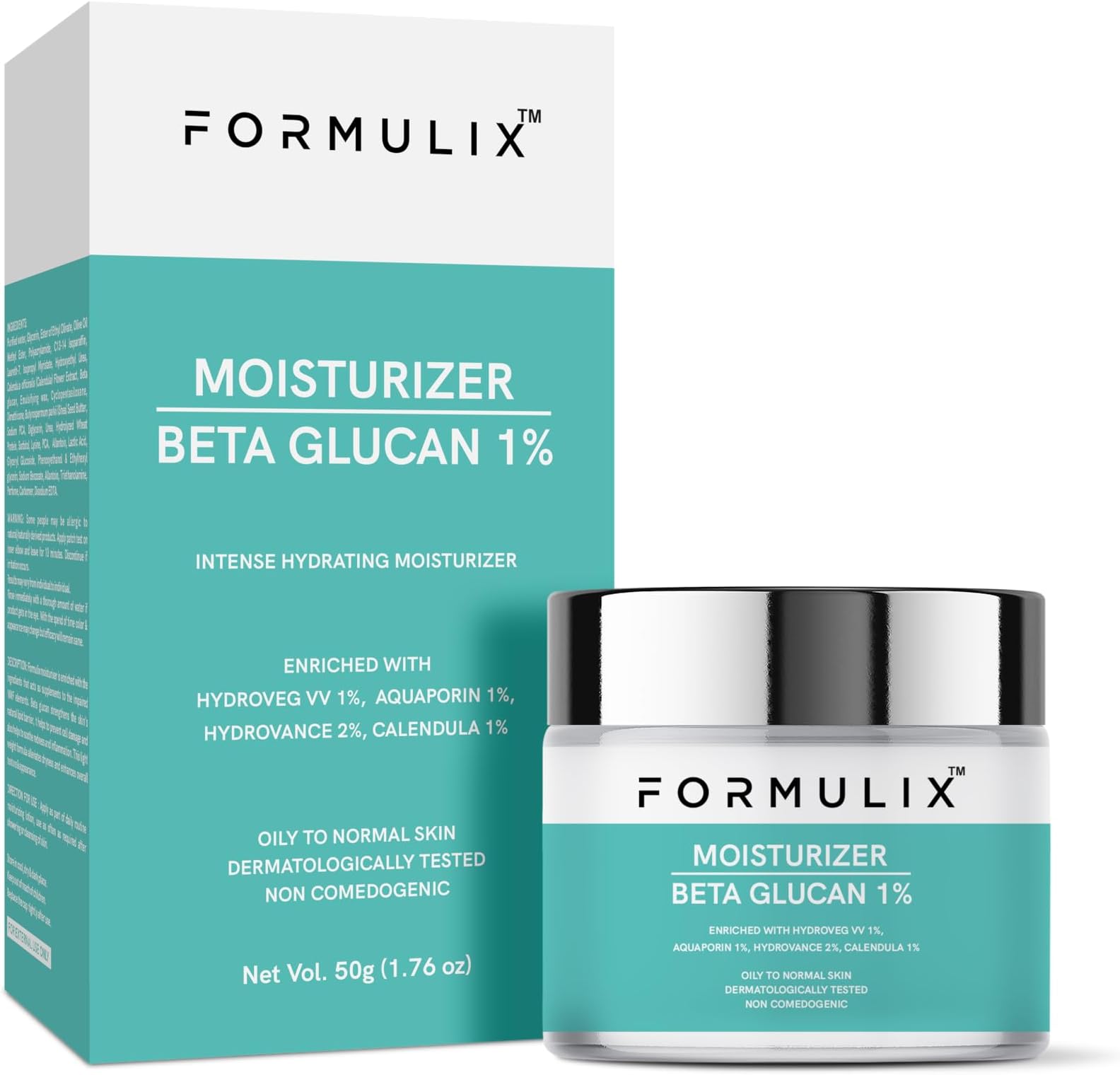 FORMULIX 1% Beta Glucan Face Moisturizer For Intense Hydration, 24 hours Long Lasting Hydration, Oil Free Non Sticky Light Water Gel Fast Absorbing, Daily Use Oily To Normal Skin, 50 gm