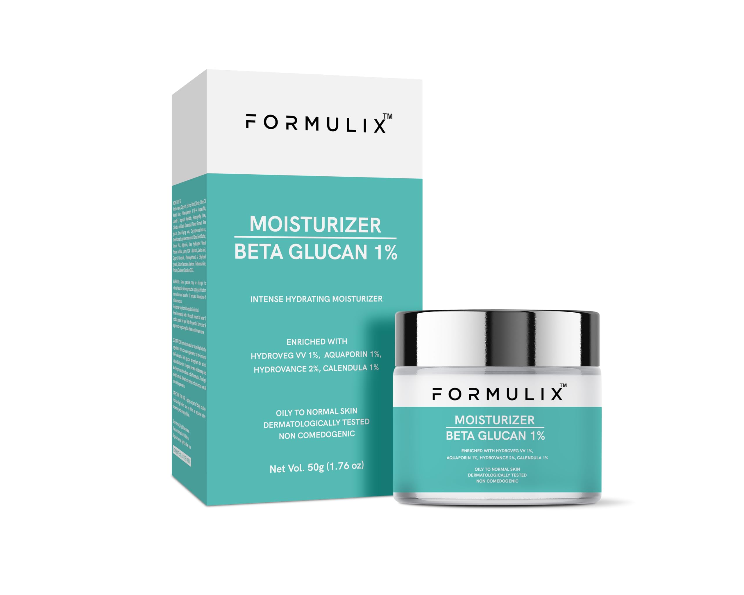 FORMULIX 1% Beta Glucan Face Moisturizer For Intense Hydration, 24 hours Long Lasting Hydration, Oil Free Non Sticky Light Water Gel Fast Absorbing, Daily Use Oily To Normal Skin, 50 gm