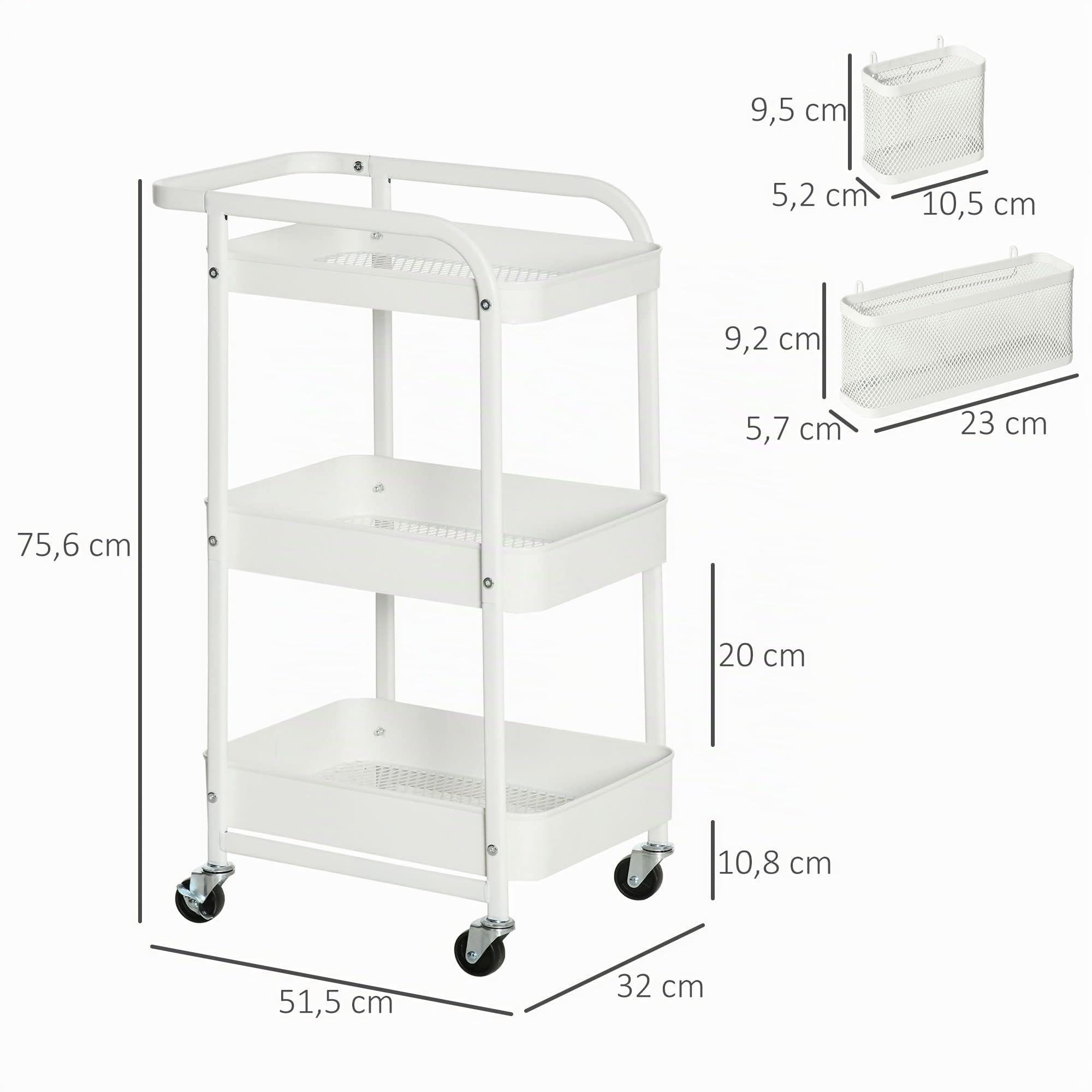 HOMCOM Desserte en Métal 3 Niveaux à roulettes 51,5L x 32l x 75,6H cm Blanc | Chariot de Rangement pour Bureau, Chariot de Service, 2 Range-Couverts, 4 Crochets