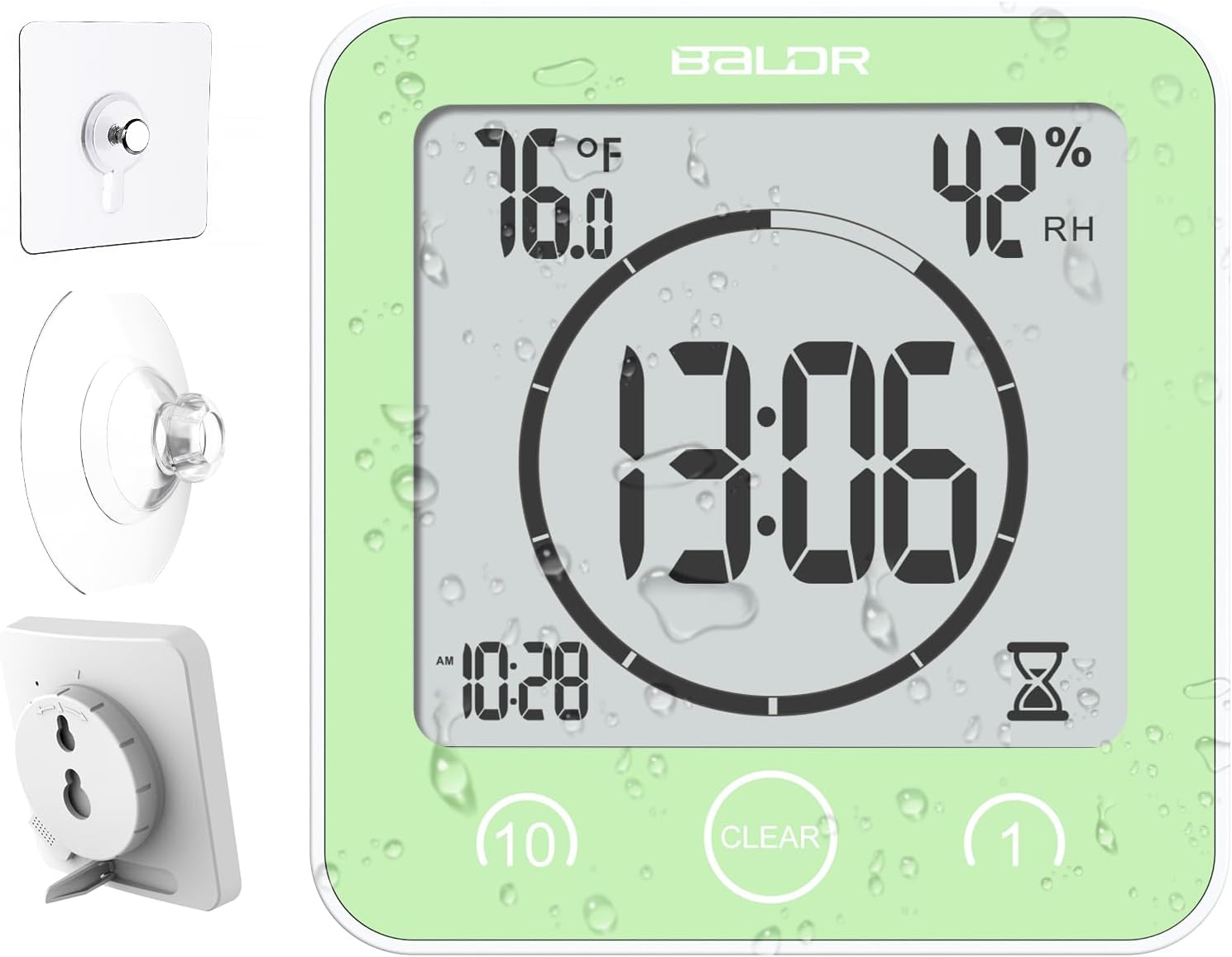 Baldr Shower Clock Waterproof Bathroom Clock with Timer/Temperature/Humidity, Digital Timers for Kids and Adults, Bath Kitchen Study, Green