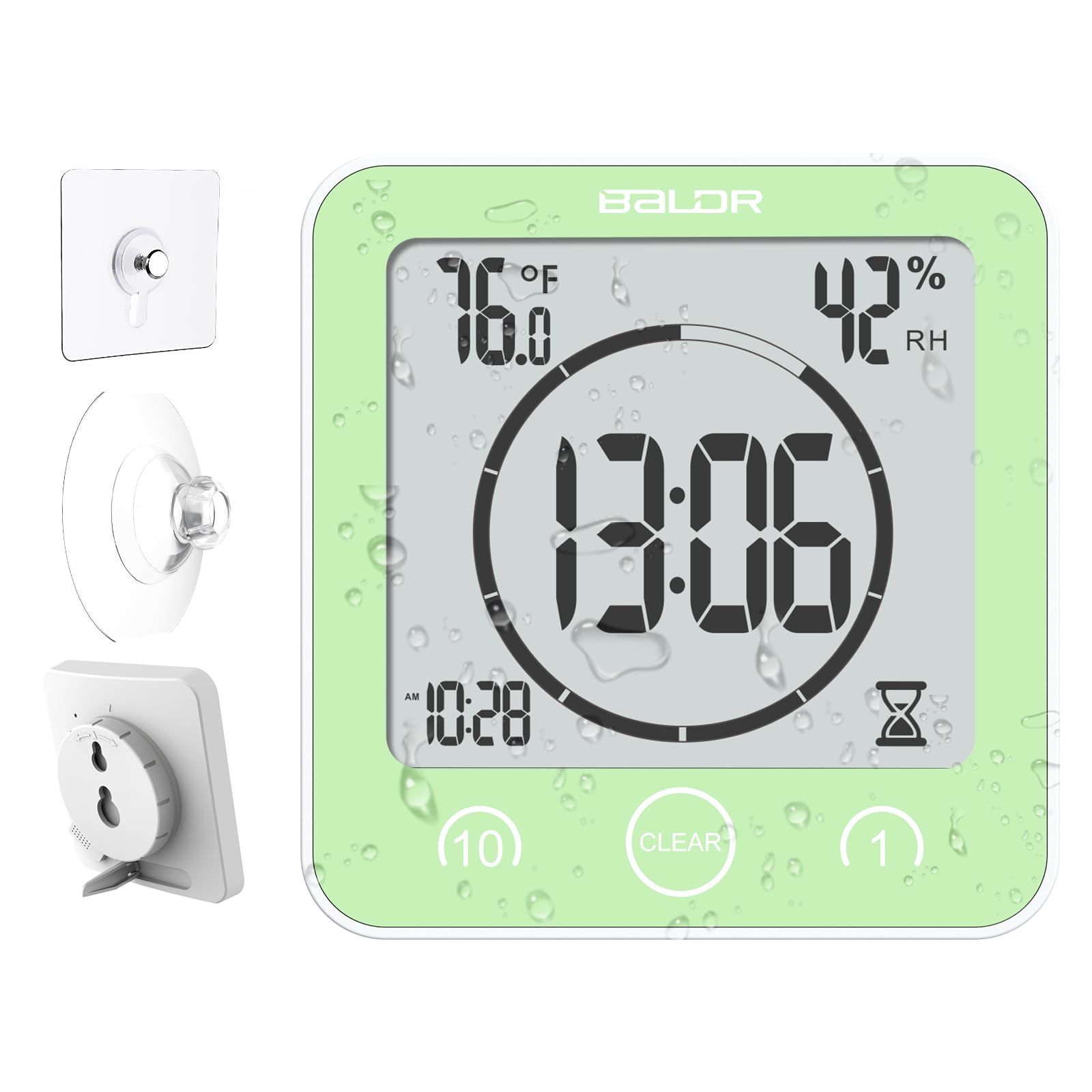 BALDR Reloj de Ducha LCD Impermeable, Verde, 4.16 Pulgadas de Largo x 1.63 Pulgadas de Ancho x 4.32 Pulgadas de Alto (105.741.5109.7 mm)