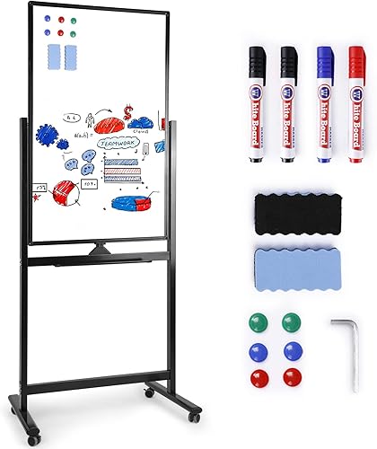 Pizarra blanca móvil, 40 x 24 pulgadas, pizarra blanca reversible de doble cara sobre ruedas, soporte rodante, marco de caballete portátil para