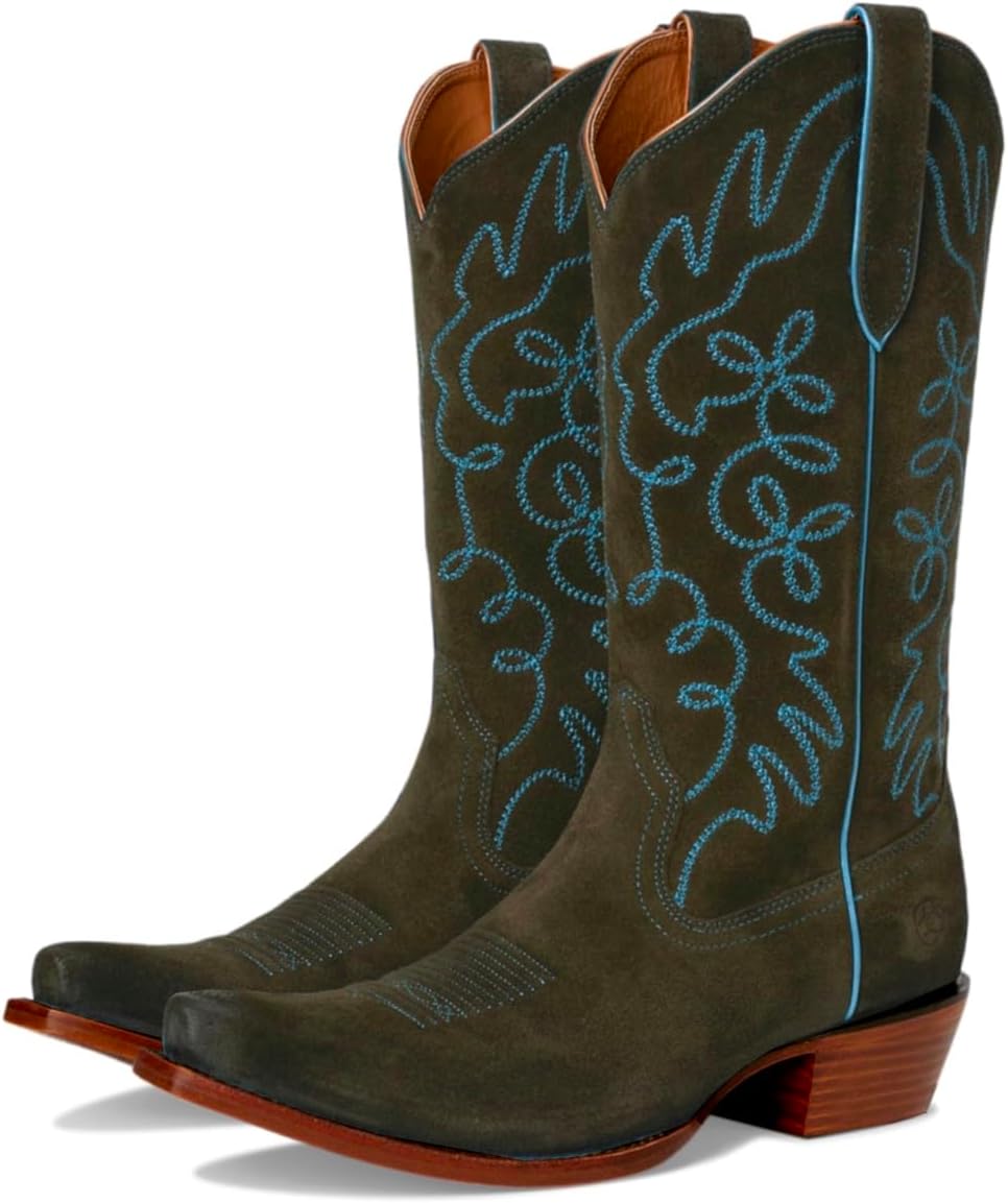 LEHOOR Women Retro Cowboy Boots Embroidered Mid Calf Western Boots Suede Low Chunky Stacked Heel Square Toe Pull On Cowgirl Boot Two-Toned V Cut Snip Toe Fall Winter Boots Dressy Comfort 4-11 M US