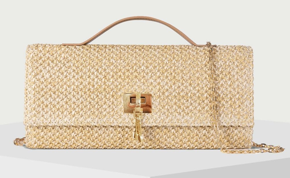 Straw Evening Clutch Purse Woven Envelope Cross-body Bag Women Travel Chain Purse Square Top-Handle Bag for Party Wedding - Image 3