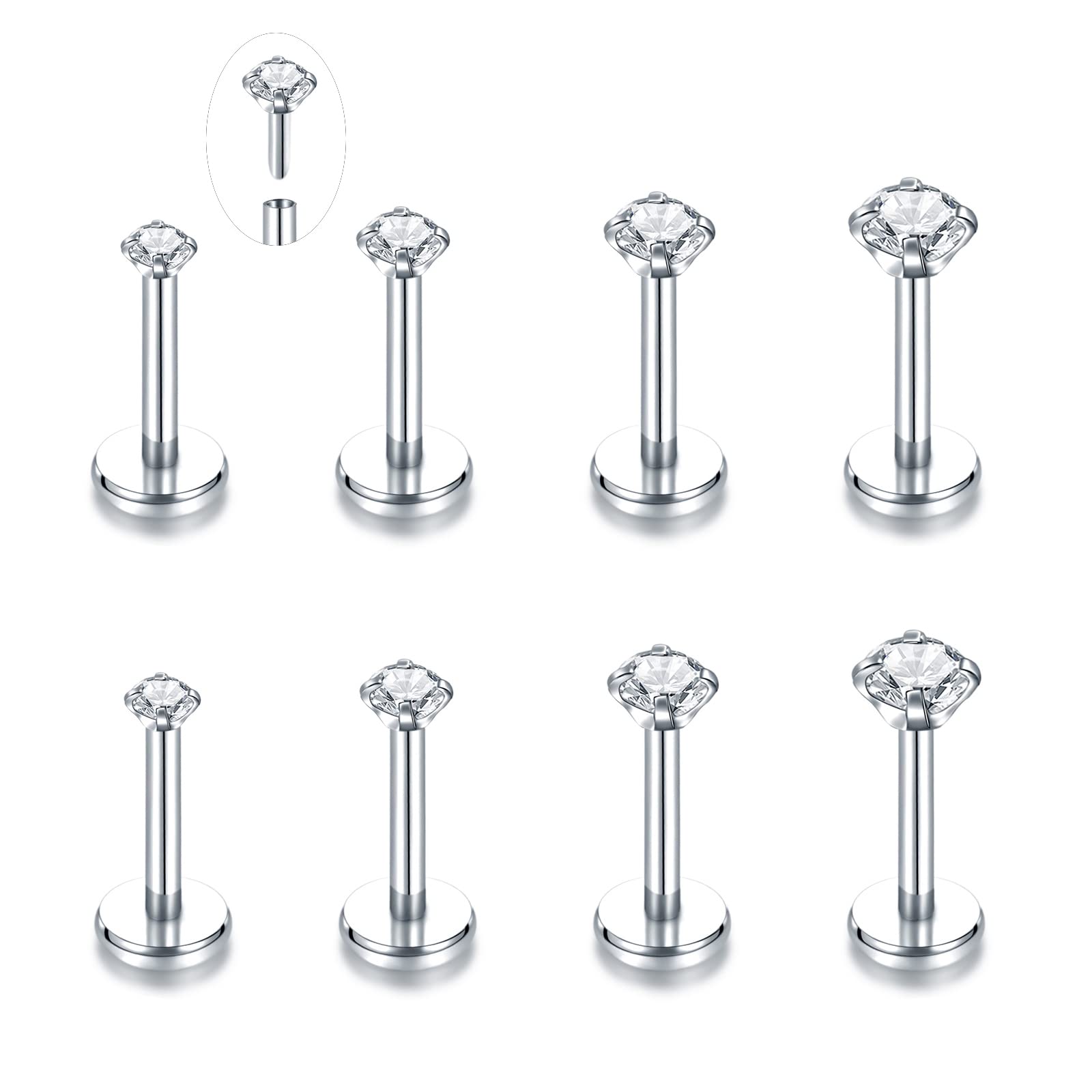 OvetaThreadless Push in Lip Rings 16G/18G/20G Labret Jewelry CZ Lip Studs Stainless Steel Cartilage Earrings for Women Monroe Medusa Piercing Jewelry 6/7/8/10/12mm Bar Length