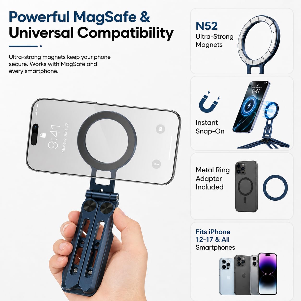 Supporto Magnetico per Smartphone con Gancio Nascosto, Pieghevole/in Alluminio Treppiede Smartphone, Treppiede Magnetico per telefono, Compatibile con iPhone 17-12 e attacco Arca-Swiss