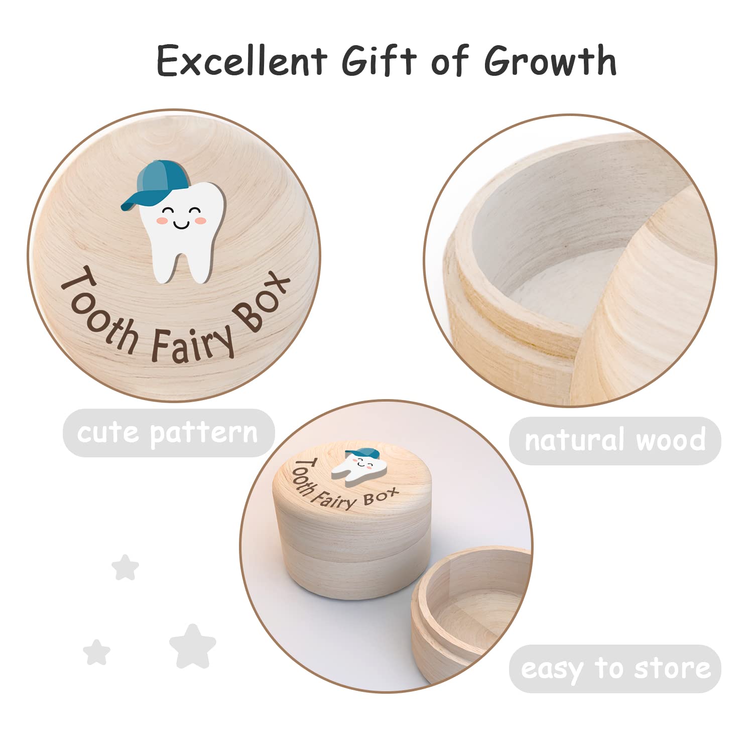 Azbuk Caja de hada de dientes para niños, caja de madera para dientes de sombrero y dientes 3D, almacena los dientes perdidos para niños y niñas, caja de almacenamiento de recuerdos de dientes caídos
